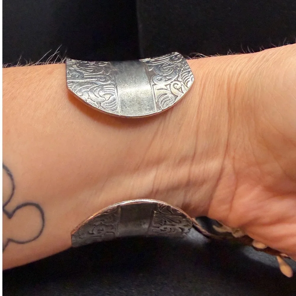 Vintage Silver Tone Embossed Scroll Wide Cuff Bracelet Boho Statement Jewelry